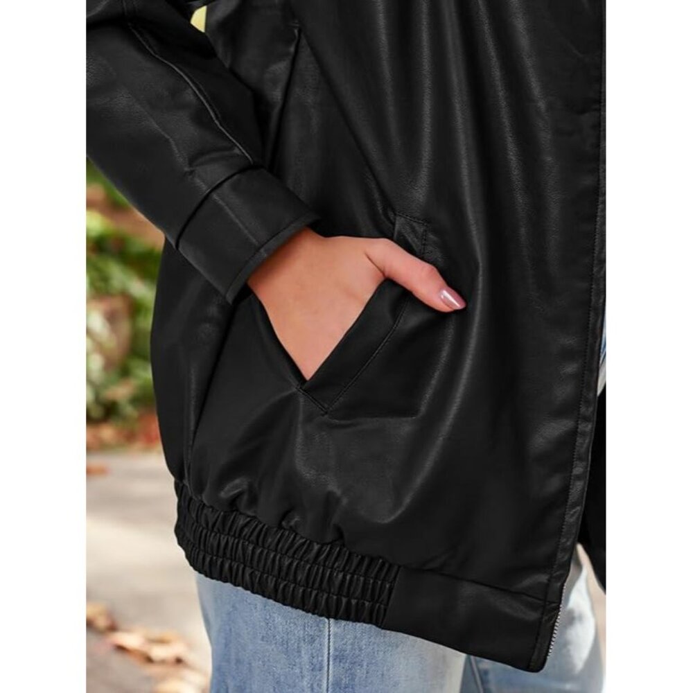 AUTOMET Womens Oversized Leather Jackets Faux Suede Motorcycle Coats, New - Picture 3 of 13